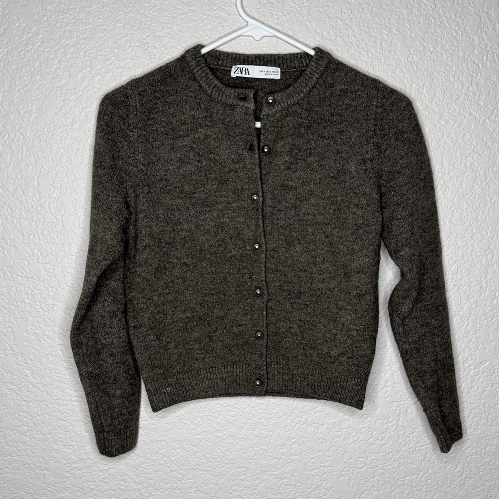 Zara Cardigan Metallic Buttons Grey Brown Size Small - Picture 2 of 8